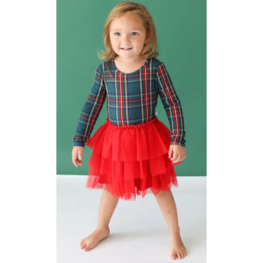 NWT Posh Peanut Girls 10 - 12 Year Long Sleeve Tulle Dress Tartan Plaid Bamboo